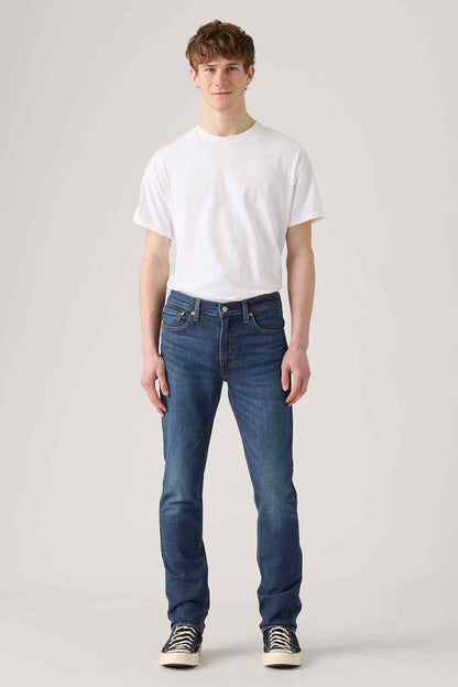 Levi's dark indigo denim jeans, straight fit, five-pocket, belt loops