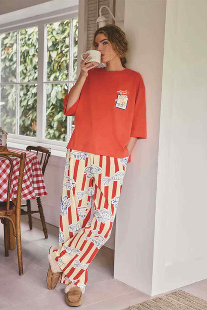 Red T-shirt with chest graphic and red striped pajama pants set