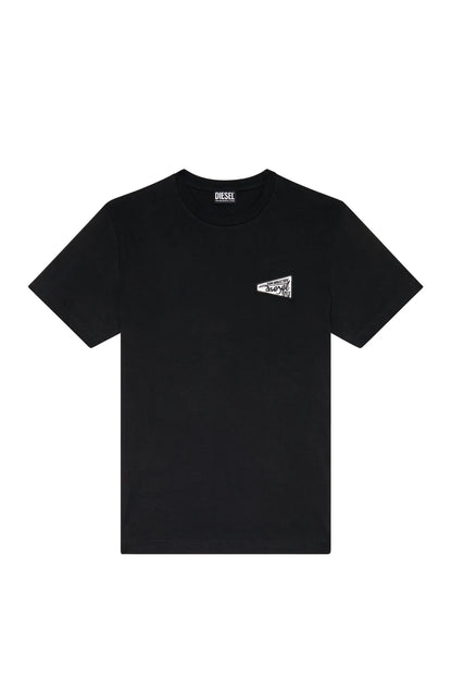Diesel black T-shirt flat lay with chest logo patch