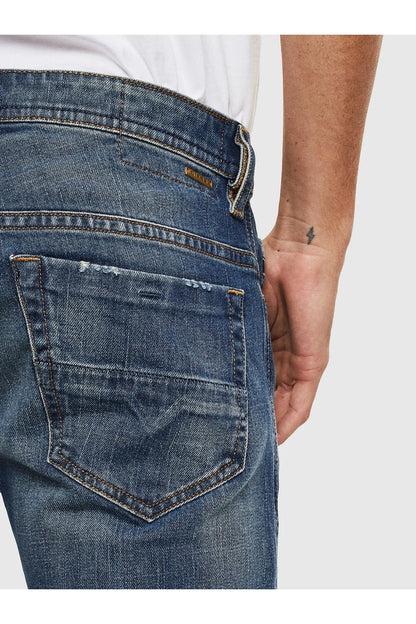 Diesel blue denim jeans back pocket detail with contrast-stitched seams