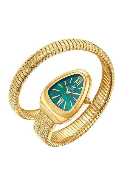 Gold wristwatch with teal dial and Roman numerals, coiled gold bracelet band