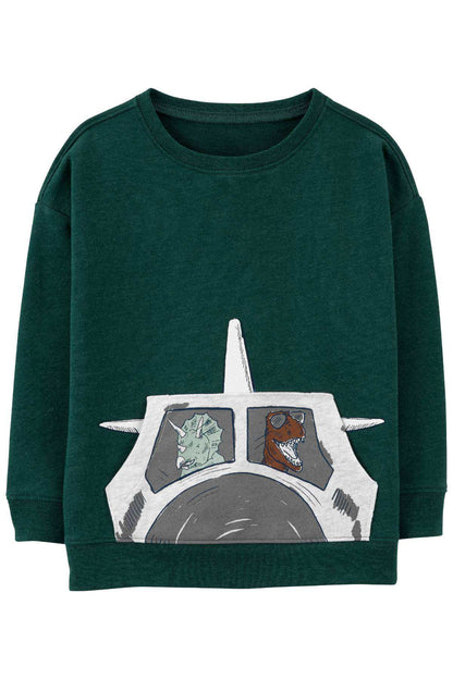 Green long-sleeve shirt with dinosaur graphic front and crew neck
