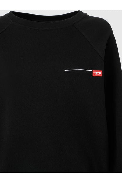 Black crewneck sweatshirt close-up of chest logo with red and white mark
