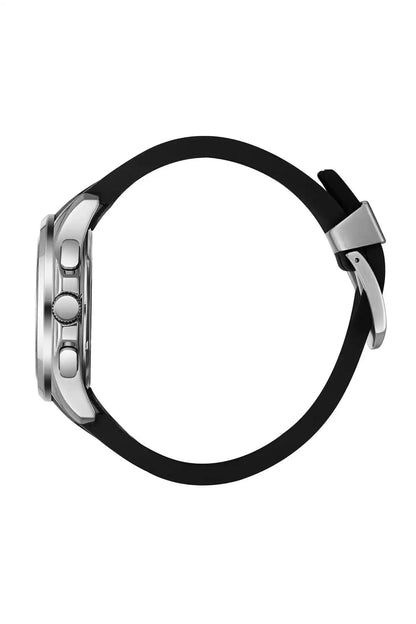 Stainless wristwatch case with black silicone strap and side crown