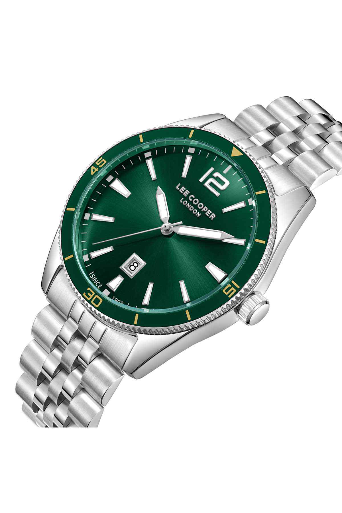 Silver stainless-steel wristwatch with green dial and metal bracelet, angled close-up
