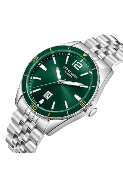 Silver stainless-steel wristwatch with green dial and metal bracelet, angled close-up