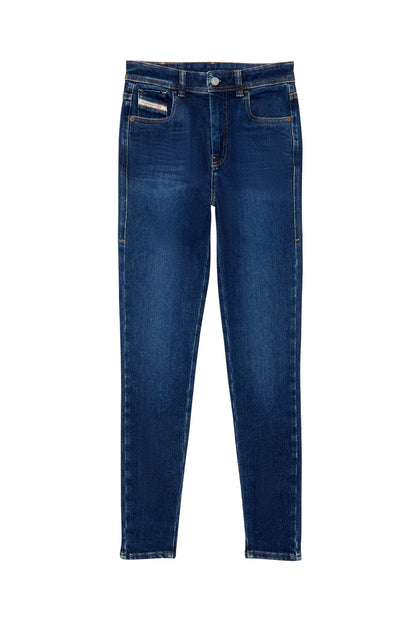 Blue denim jeans, slim straight leg, five-pocket front with belt loops