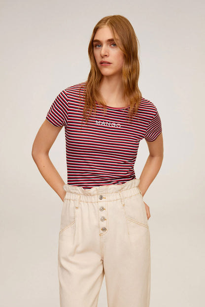 Red/white crew-neck striped short-sleeve top with cream button-front pants