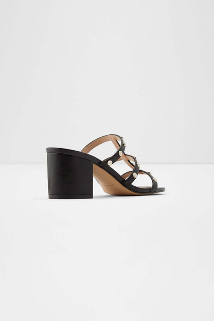 Black studded heeled sandals, open toe, round metal rivets, cushioned tan insole