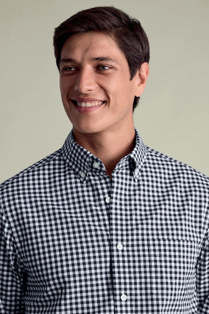 Blue gingham check button-up shirt with button-down collar and front placket detail
