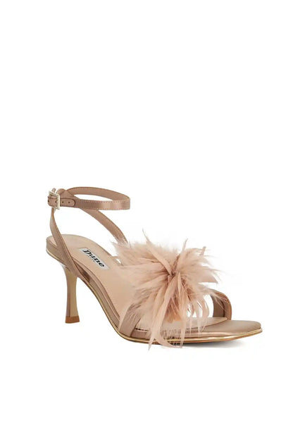 Mink feather-strap heeled sandals with thin ankle strap and open toe