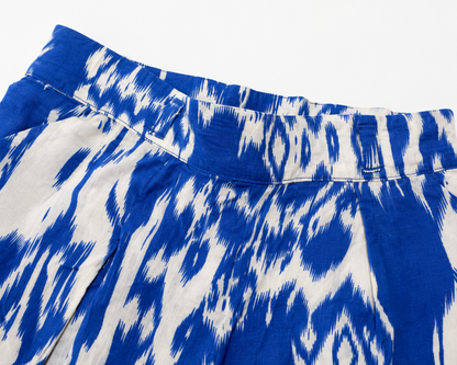 Blue and white patterned shorts with stitched elastic waistband