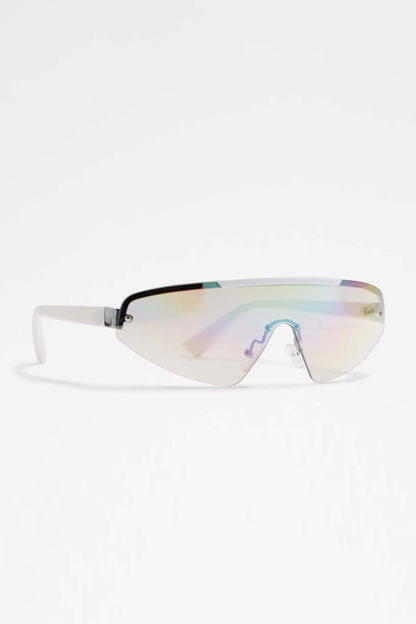 ALDO sunglasses in white frame with iridescent lenses and dark bridge