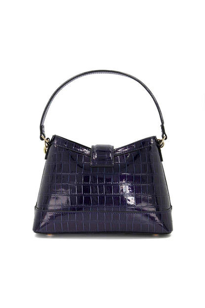 Navy structured mini handbag with short handles, chain strap, and front logo plaque