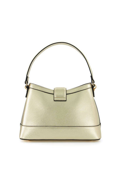 Gold mini handbag with top handle, centered square clasp and stitched front panel