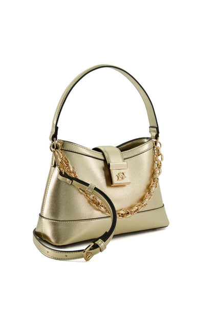 Gold mini handbag with side strap, chain detail, front logo clasp and wide opening