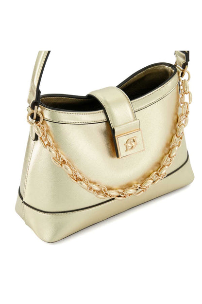 Gold mini handbag with top handle, chain strap, front logo plaque and wide interior
