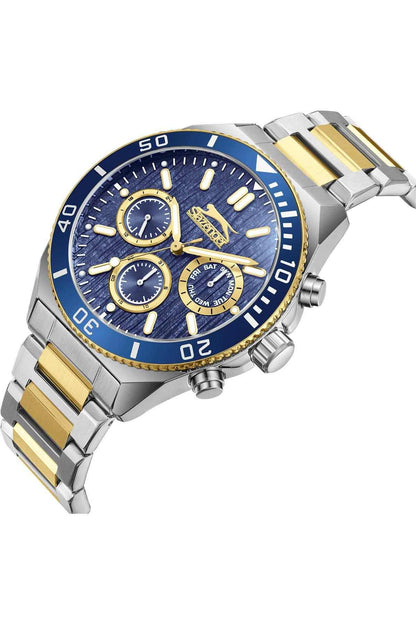 SLAZENGER blue chronograph watch with silver-and-gold link bracelet, angled view