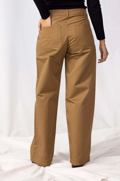 Camel straight-leg pants with pleated front and cuffed hem