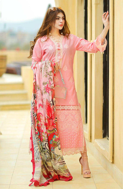 Rose pink embroidered dress with lace hem, paired with floral print dupatta