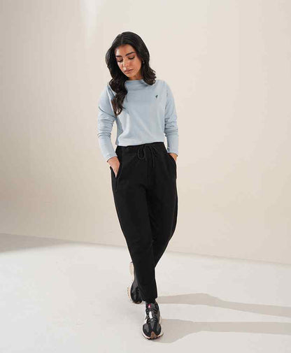Sky blue fitted mock-neck long-sleeve top with small chest logo