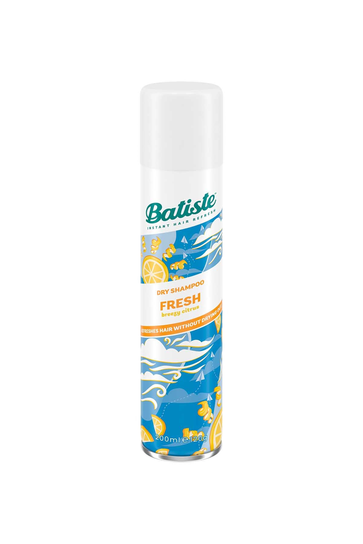 Batiste dry shampoo spray can, white cap, blue patterned label