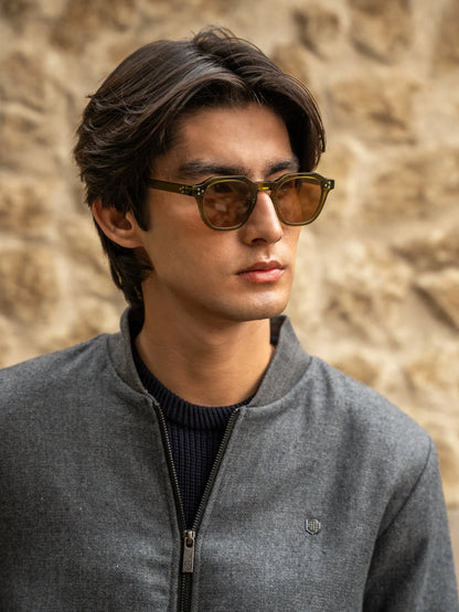 Grey zip-front jacket with mock collar and small chest logo