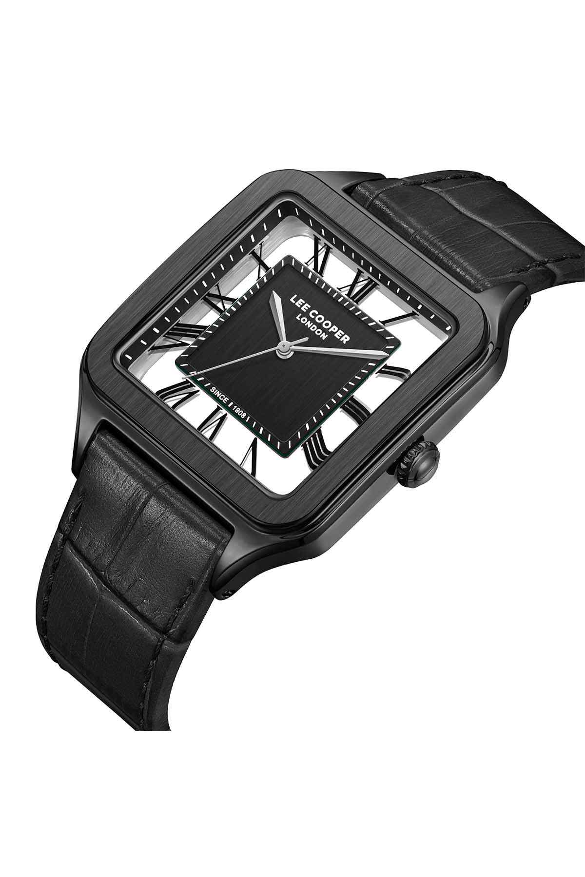 Lee Cooper black watch with square dial, black leather strap, side crown