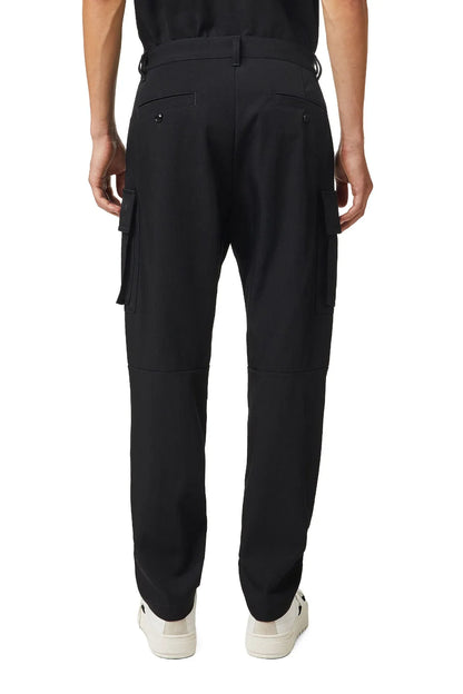 Black cargo pants with flap side pockets and tapered straight leg