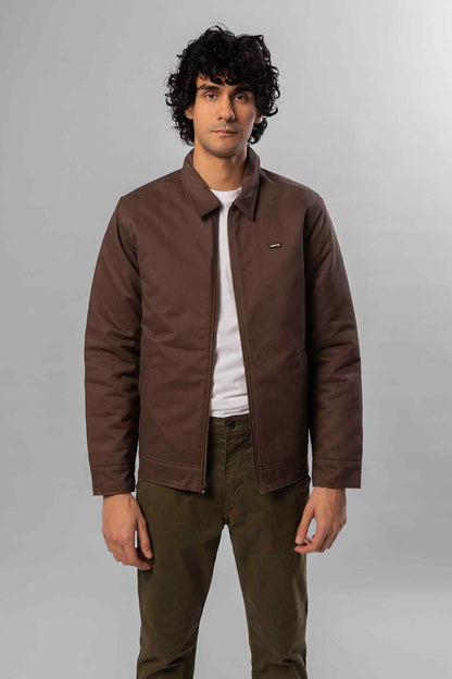 Men's chocolate brown zip-up jacket with stand collar and chest logo