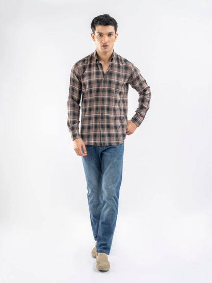 Men's plaid cotton button-up shirt with long sleeves and collared neck