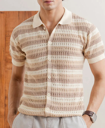 Fitted short-sleeve knit shirt with collar and buttons, cream and tan stripes