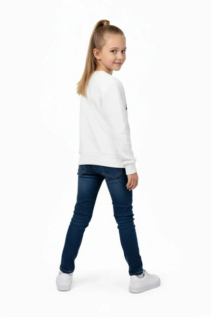 White kids sweatshirt with â€œNICEâ€ graphic, side view, long sleeves