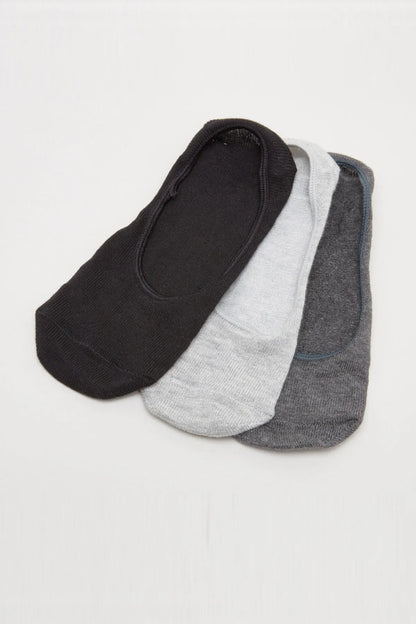 Stacked baby no-show socks in black, light gray, and dark gray