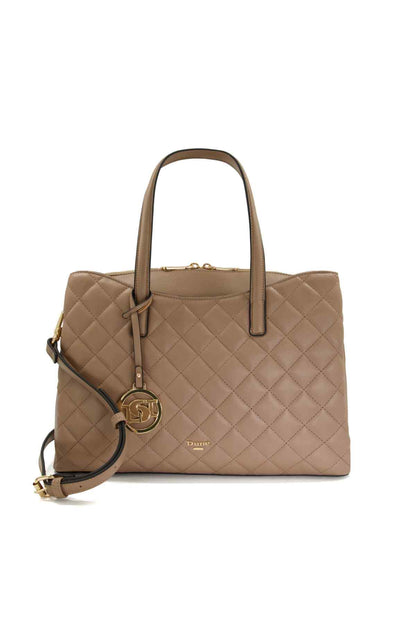 Taupe quilted tote bag with top handles, front logo badge, and detachable crossbody strap
