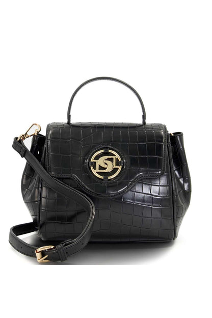 Black croc-embossed satchel handbag with top handle, gold logo and shoulder strap