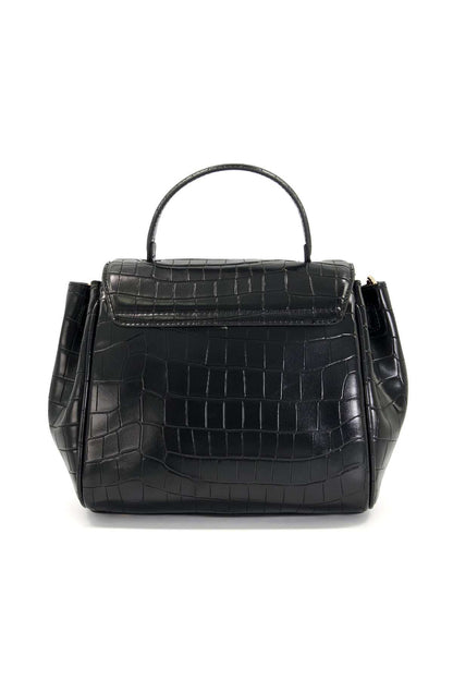 Black croc-embossed tote satchel with top handle and two side straps, gold logo