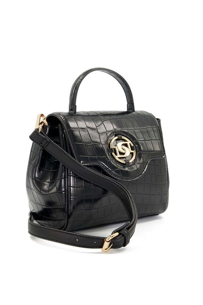 Black croc-embossed crossbody handbag with gold logo plaque and adjustable strap