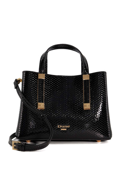 Black textured leather-look mini tote with top handle, front logo, and gold hardware