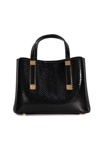 Black textured mini tote with top handle and gold square buckle details