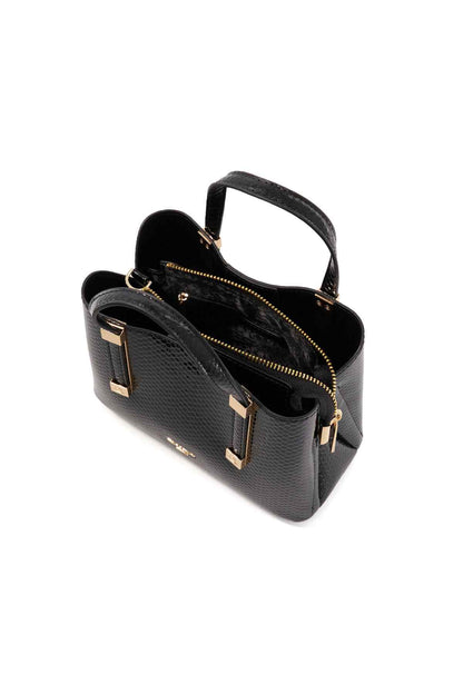 Black textured mini tote crossbody bag with zip top and gold-tone hardware
