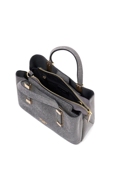 Dune London Pewter tote bag open view, showing zip compartments and black lining