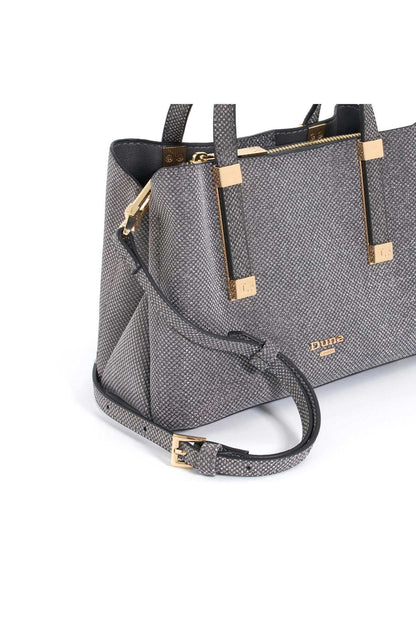 Dune London Pewter textured tote with front pocket, gold hardware, crossbody strap