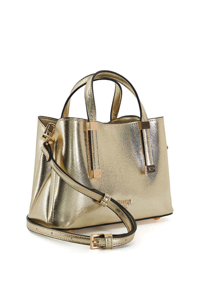 Gold handbag with front zip, short handles, and long crossbody strap