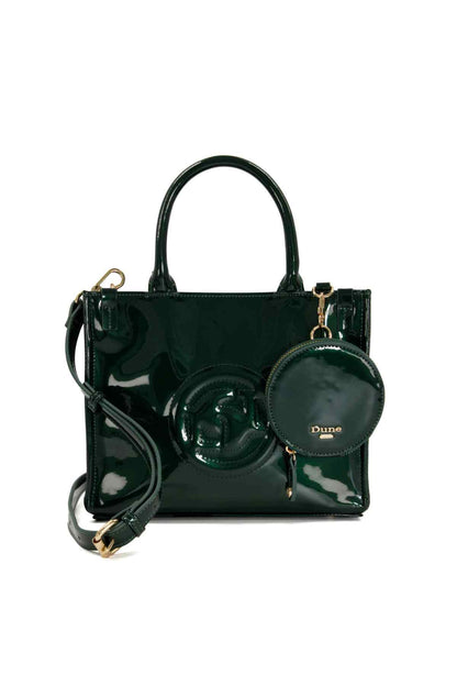 Green patent handbag with two handles, top zip and detachable crossbody strap