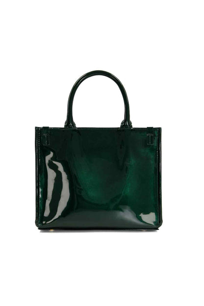 Green patent tote handbag with two short handles and structured rectangular shape