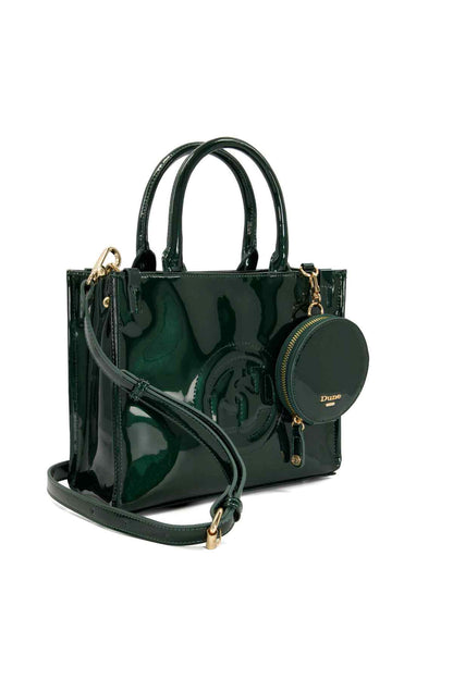 Green patent handbag with two handles, crossbody strap, and round zip coin pouch