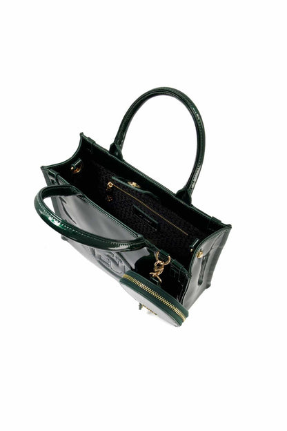 Green patent handbag interior view with zip compartment and gold-tone zipper pull