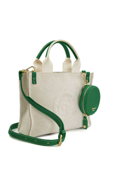 Dune London canvas tote with green crossbody strap and small zip pouch