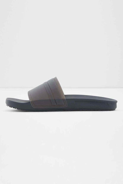 ALDO dark blue slide sandal, front view with wide crossover strap